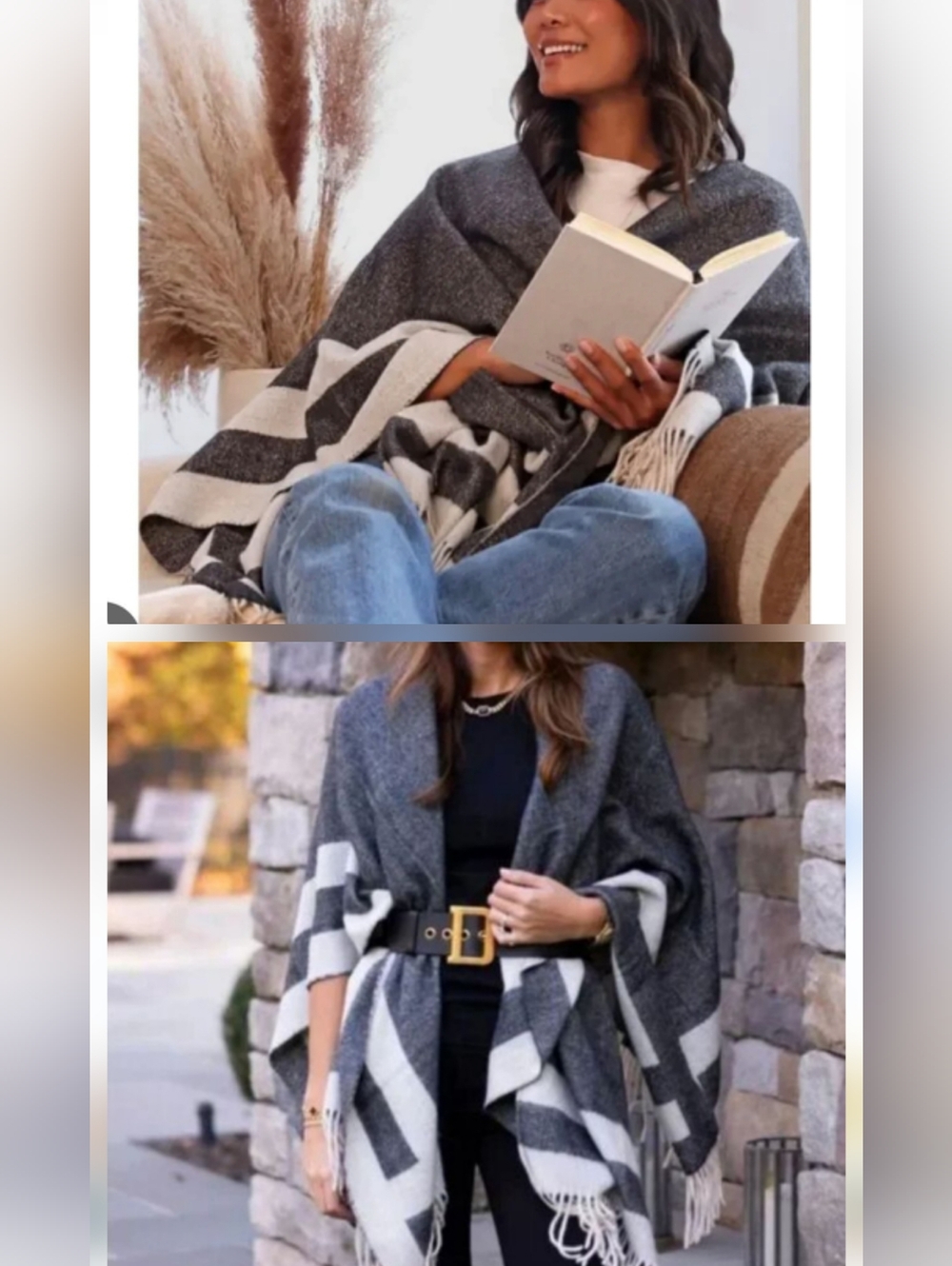 NWT Walter Baker Campfire Wrap Cozy Gray & Cream Fringe Poncho Sweater